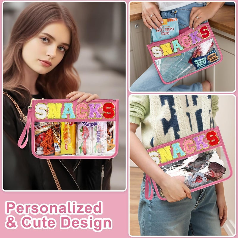 TESAFNG Snack Bag for Travel - Clear Chenille Varsity Letter Flat Pouch with Zipper, 12.2×8.46 inch Waterproof Clear Nylon Preppy Patch Makeup Cosmetic tote Bags for Women Girls - Image 4
